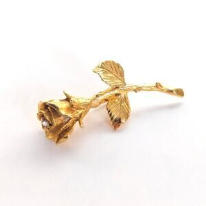 Vintage Rosebud Brooch B.M. Signed 18k Gold Plate Rhinestone Rose Brooch